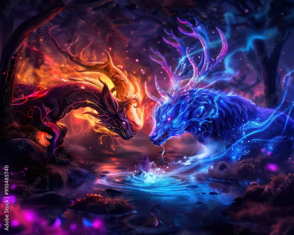 Mythical beasts in an enchanted forest, creating a fantastical scene, Fantasy, Vivid colors, Digital painting