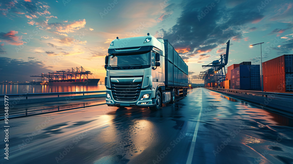 Fototapeta premium Truck on the road. Logistics and transportation concept. 3d rendering