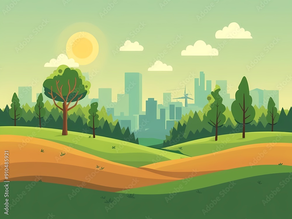 Sustainable Green Landscape Transitioning to Urban Skyline With Bright Sun and Gentle Hills in the Afternoon, sustainability, minimal illustration Sustainable Green Landscape Transitioning to Urban Skyline With Bright Sun and Gentle Hills in the Afternoon, sustainability, minimal illustration