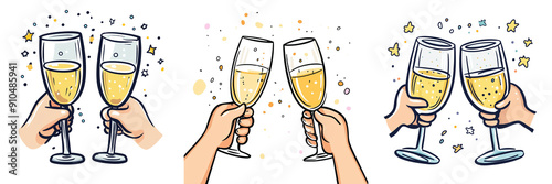 Wallpaper Mural Clipart. Hands holding two champagne glasses clinking with champagne sparklers. Transparent background Torontodigital.ca