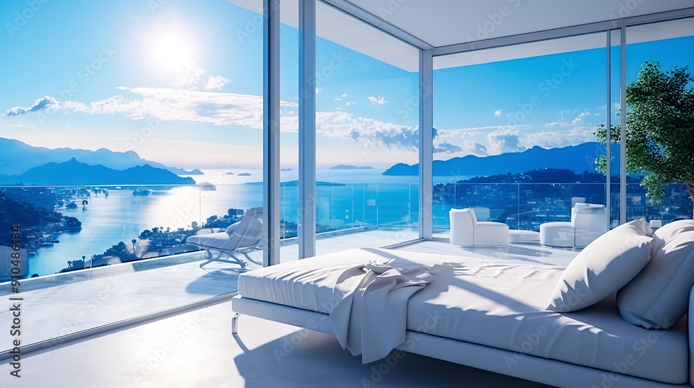 Picture of Luxury modern bedroom with sea view from the window. Design and architectural concept of a ...