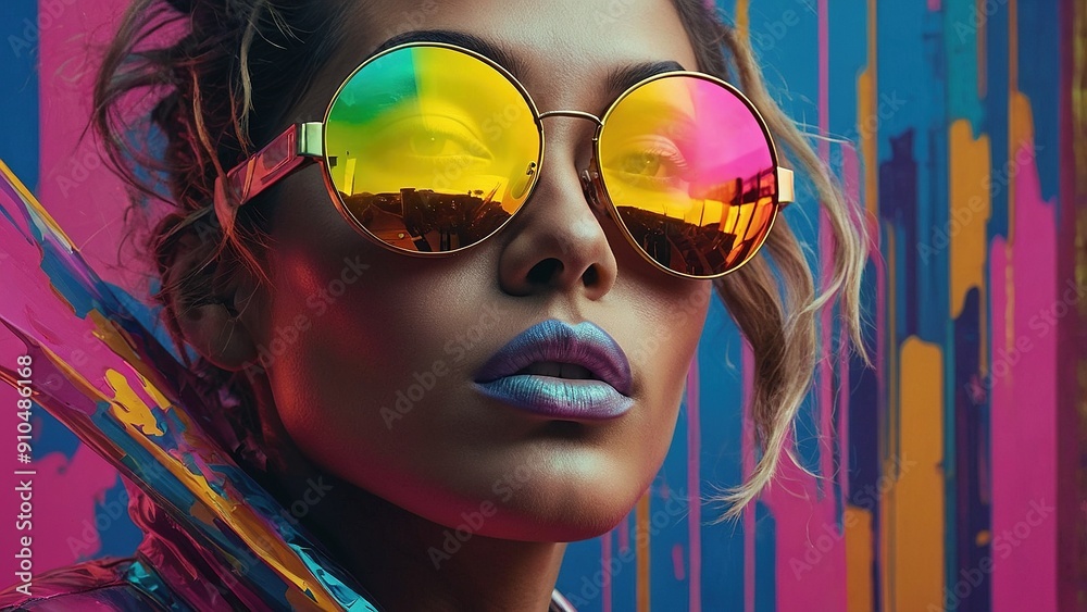 Stylish Young Woman Wearing Colorful Sunglasses Posing in Bright Fashion Attire