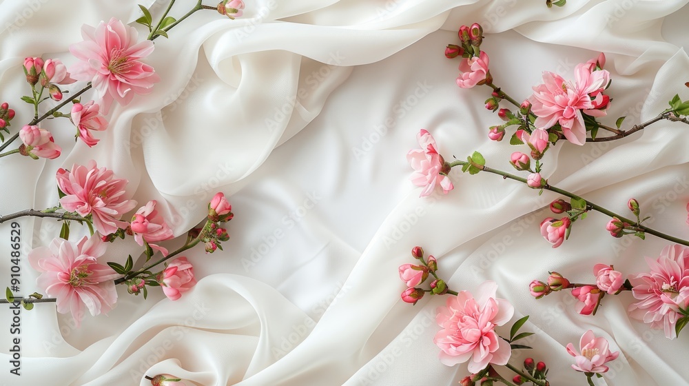 Elegant pink flowers on white satin sheet background Elegant pink flowers on white satin sheet background