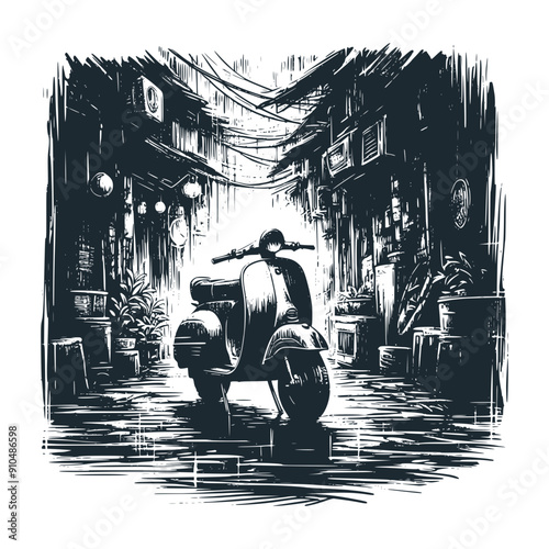 A scooter in a seedy alley. Black white vector illustration.