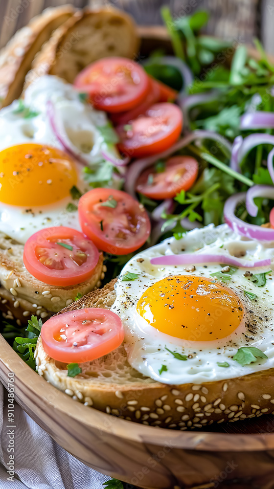 Fried eggs with tomatoes and arugula on a wooden background