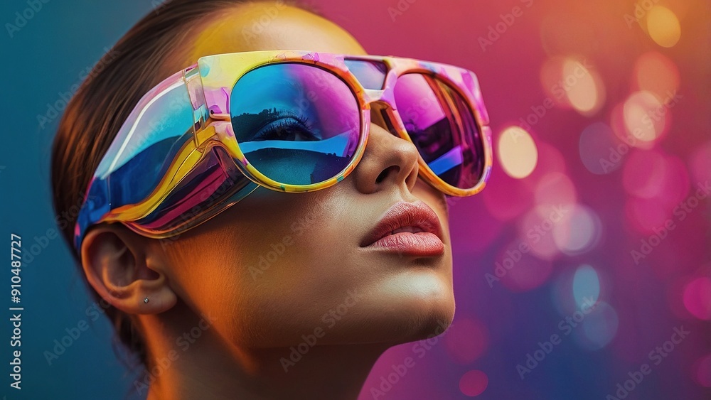 Stylish Young Woman Wearing Colorful Sunglasses Posing in Bright Fashion Attire Stylish Young Woman Wearing Colorful Sunglasses Posing in Bright Fashion Attire