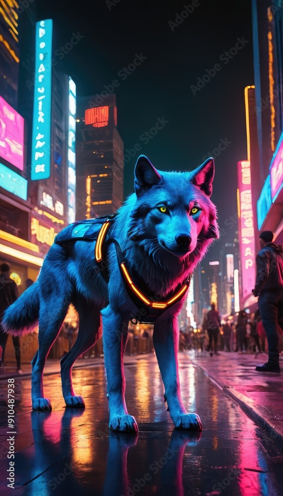 A cybernetic wolf prowls a neon-lit street in a futuristic city, surrounded by glowing billboards and bustling crowds, embodying the essence of a cyberpunk world A cybernetic wolf prowls a neon-lit street in a futuristic city, surrounded by glowing billboards and bustling crowds, embodying the essence of a cyberpunk world