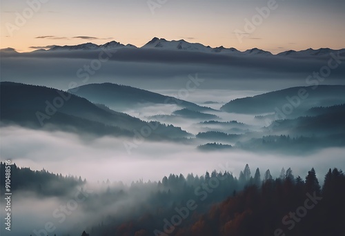 valley low scover clouds forest fog earth alpine view hour beauty blue Morning mountain sunrise Landscape Nature Silhouette Environment Top Fantasy Sunr