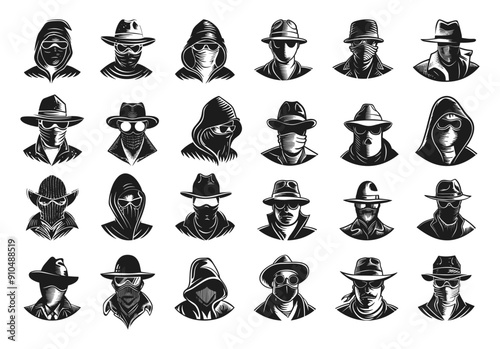 Thief Avatars Linocut Print Style Icons Set Black on White Background Criminal Characters Silhouettes Heist Robbery Thieves Masked Figures Stealth Burglary Secret Agents