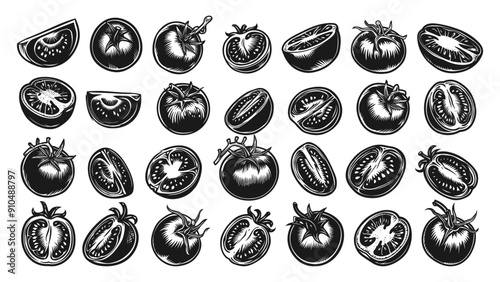 Tomatoes with or without Sprigs Whole or Cut into Slices Linocut Print Style Icons Set Black on White Background Fruit Vegetable Botanical Illustration Organic Food Garden Produce