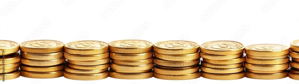 Stacks of Shiny Gold Coins on White Background
