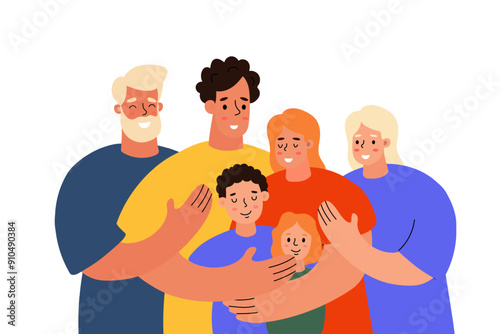 Family Embracing Each Other in Colorful Clothing on a Bright Background