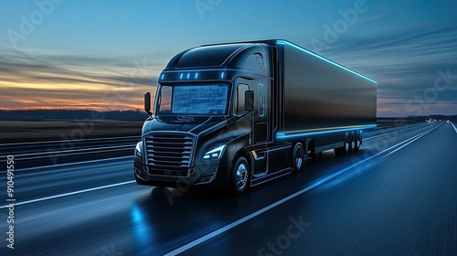 A sleek, illuminated truck travels down a highway under darkening skies, showcasing advanced design with glowing outlines and reflecting light from surrounding elements