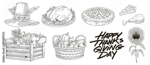 Thanksgiving day monochrome set labels