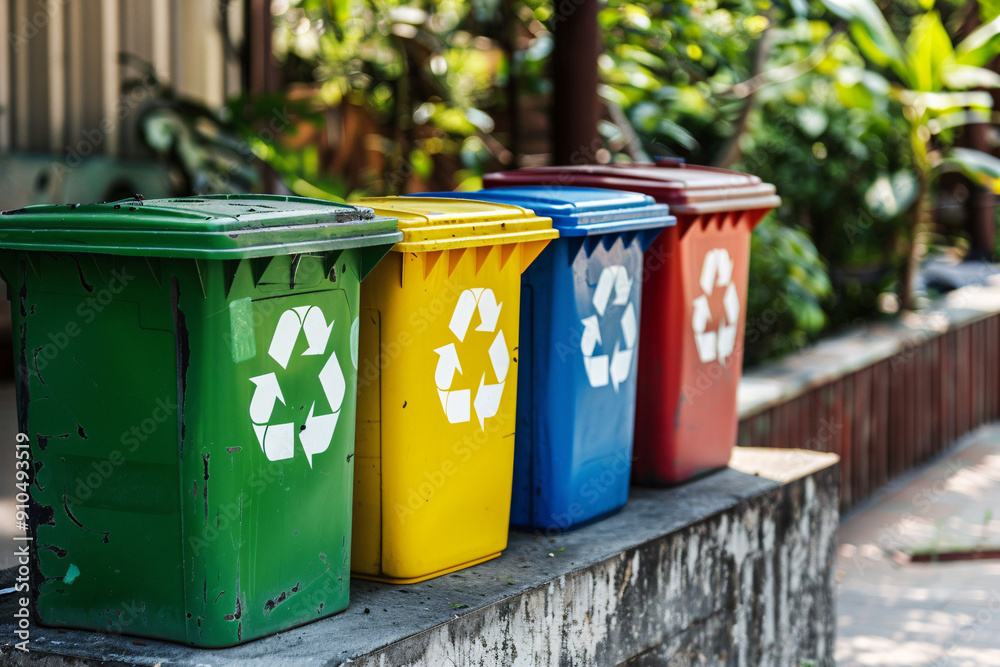 Recycling bins. Colorful trash cans in a row in the city. Recycling concept.
Recycling bins. Colorful trash cans in a row in the city. Recycling concept.