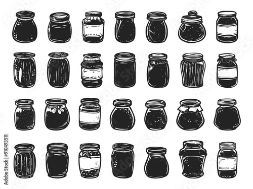 Unlabelled Jars of Peanut Paste in Different Shapes Linocut Print Style Icons Set Neat Thick Strokes and Shapes Black on White Background Nut Butters Food Containers Pantry Items