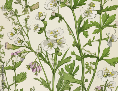 Antique botany illustration of wild flowers: Cuckoo Flower, Cardamine pratensis 
