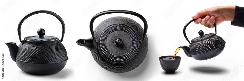 traditional Cast Iron Tea Pots Black; front view, top view, a hand pouring in a cup of tea traditional Cast Iron Tea Pots Black; front view, top view, a hand pouring in a cup of tea