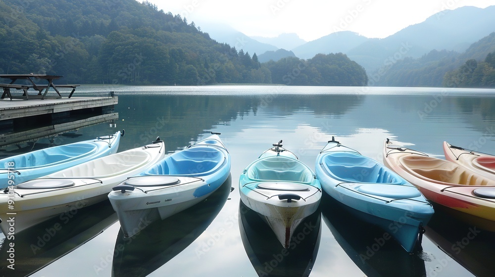 A cluster of canoes resting atop a lake adjacent to a dock featuring a picnic table in the foreground A cluster of canoes resting atop a lake adjacent to a dock featuring a picnic table in the foreground