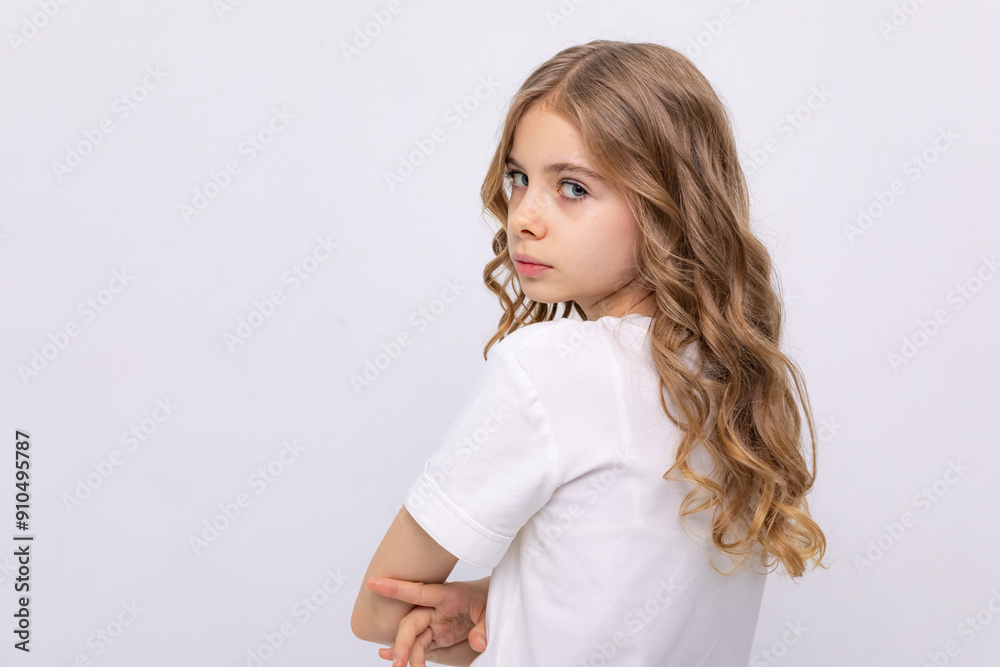 Close up fashion portrait of stunning perfect girl with blonde curly hair on white background Close up fashion portrait of stunning perfect girl with blonde curly hair on white background