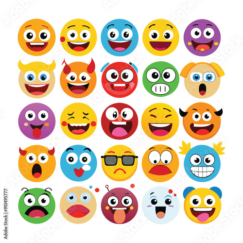 various colorful funny emoji set on white background