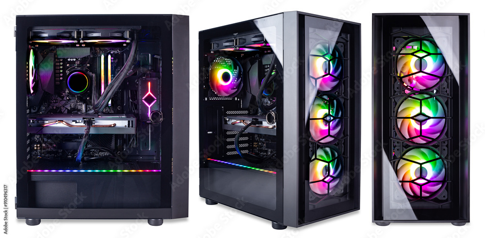 Set collection of black modern high end gaming computer with glass windows and bright colorful rainbow RGB LED lights in front and side view isolated white background. esports pc games concept