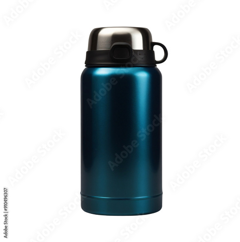 Blue metallic steel water thermos isolated on transparent background, cut out