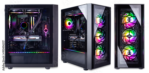 Obraz na płótnie Set collection of black modern high end gaming computer with glass windows and bright colorful rainbow RGB LED lights in front and side view isolated white background. esports pc games concept w salonie