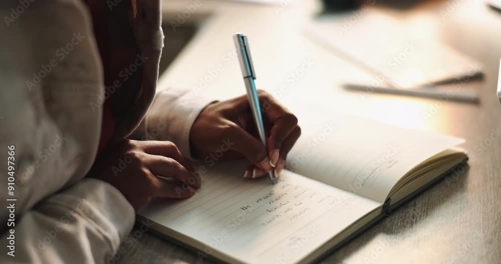 Hands, woman and writing in notebook or journal for ideas, planning and schedule as student. Female person, diary and agenda with wishlist or goals for future, vision and mission with affirmations
