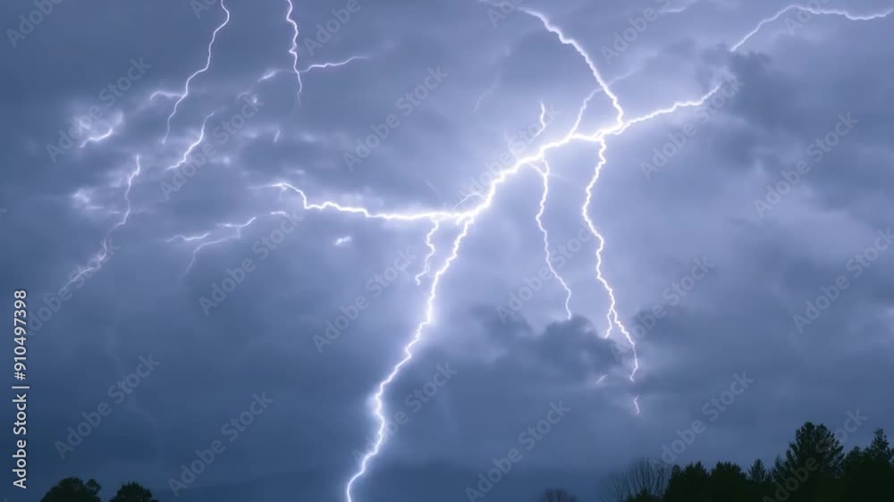 Bright lightning arcs across the cloudy sky, creating a stunning display during a powerful storm over treetops Bright lightning arcs across the cloudy sky, creating a stunning display during a powerful storm over treetops