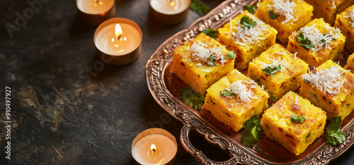 A vibrant platter of dhokla, garnished with fresh coconut and herbs, invites guests to indulge in this delightful Indian delicacy. flickering candlelight enhances the festive ambiance. Top view banner