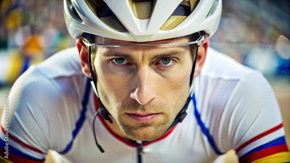 Close-up portrait of a track cycling cyclist at a bicycle racing competition. Close-up portrait of a track cycling cyclist at a bicycle racing competition.