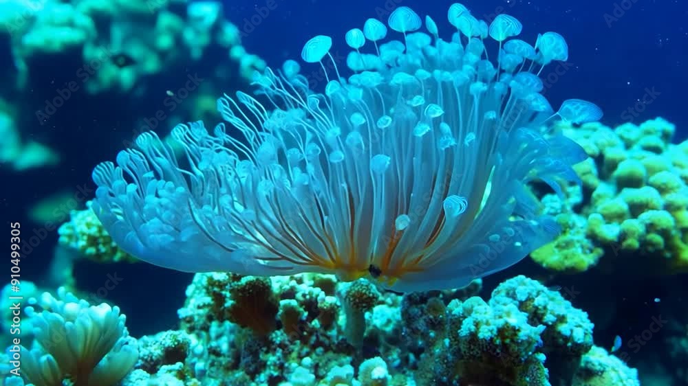 A vibrant coral reef hosts a delicate jellyfish, showcasing its ethereal beauty in clear blue waters under midday sunlight A vibrant coral reef hosts a delicate jellyfish, showcasing its ethereal beauty in clear blue waters under midday sunlight