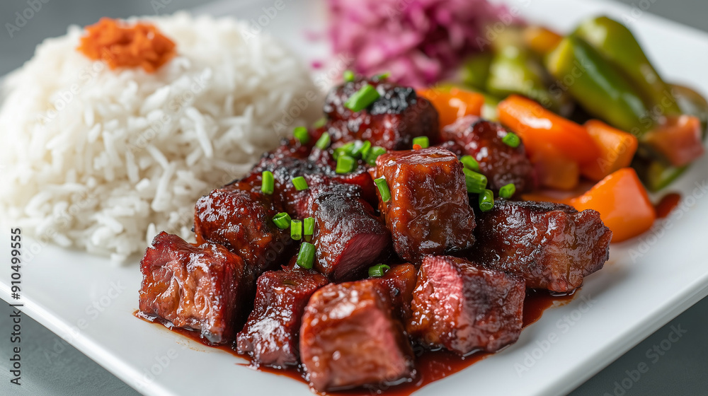 Filipino tocino with beetroot juice glaze on a vibrant plate Filipino tocino with beetroot juice glaze on a vibrant plate