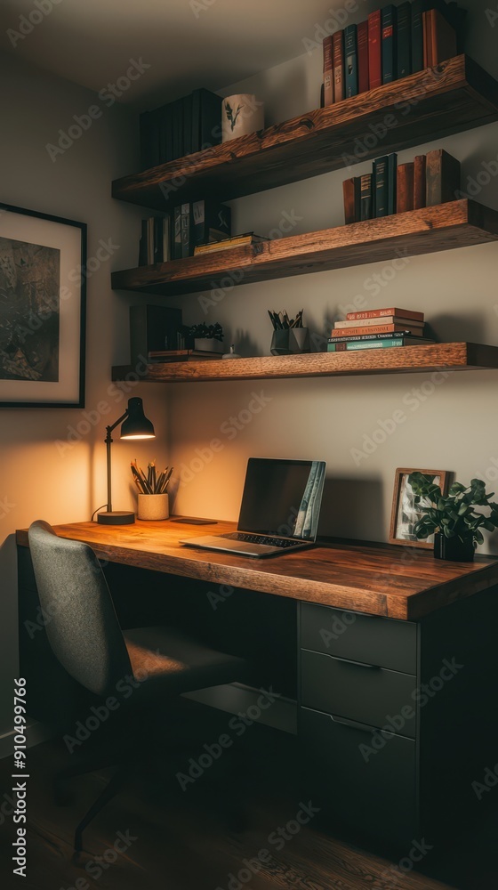 A cozy home office setup in a small nook, featuring a built-in desk with storage shelves above. The desk holds a laptop, some decorative items, and a desk lamp.
A cozy home office setup in a small nook, featuring a built-in desk with storage shelves above. The desk holds a laptop, some decorative items, and a desk lamp.