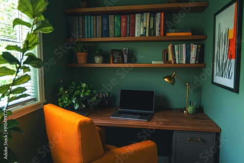 Wallpaper Mural A cozy home office setup in a small nook, featuring a built-in desk with storage shelves above. The desk holds a laptop, some decorative items, and a desk lamp.






 Torontodigital.ca