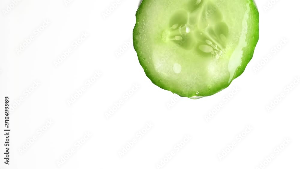 Cucumber serum and molecule gel drips from cucumber slice on white background.