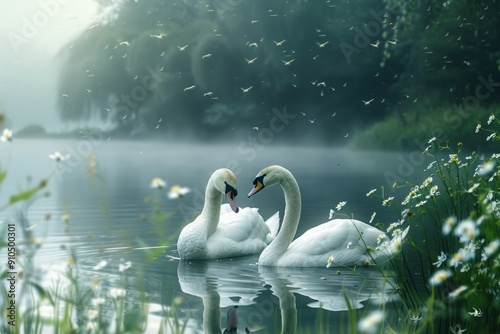 Fototapeta Naklejka Na Ścianę i Meble -  Two swans are swimming in a lake with a lot of flowers around them