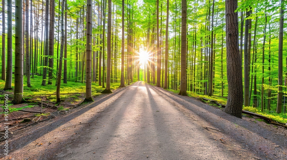 Obraz premium A dirt road in a forest with the sun shining through the trees on the opposite side