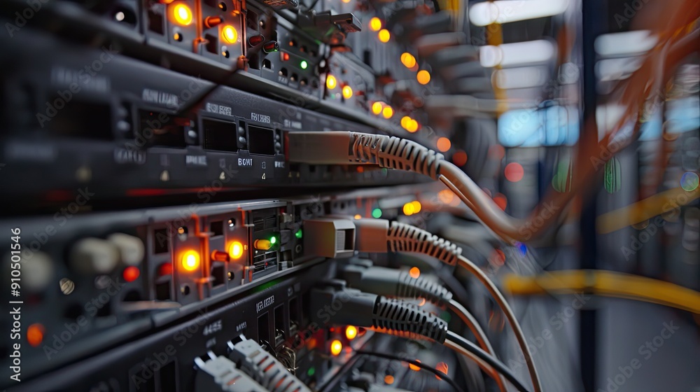 A network of cables and wires with a lot of lights on them. The lights are on in different colors and are glowing A network of cables and wires with a lot of lights on them. The lights are on in different colors and are glowing