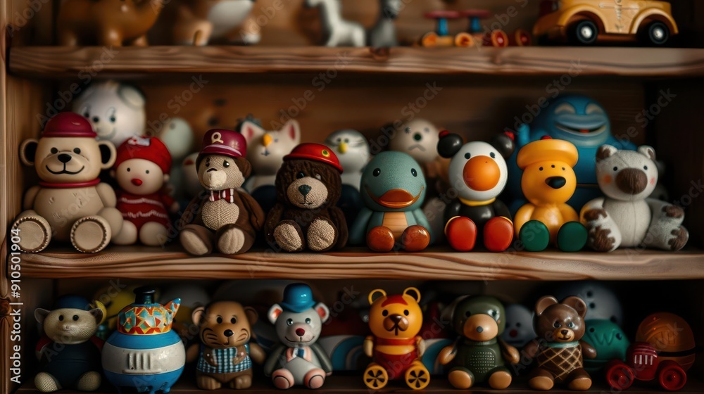 Toy display with classic and rare toys arranged neatly, capturing the charm of vintage playthings, Retro, Soft hues, Photography Toy display with classic and rare toys arranged neatly, capturing the charm of vintage playthings, Retro, Soft hues, Photography