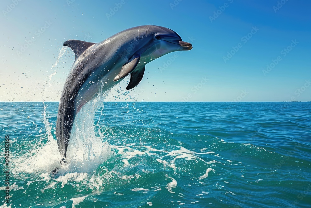 Fototapeta premium A dolphin is jumping out of the water. The image is of a beautiful blue ocean with the dolphin in the middle