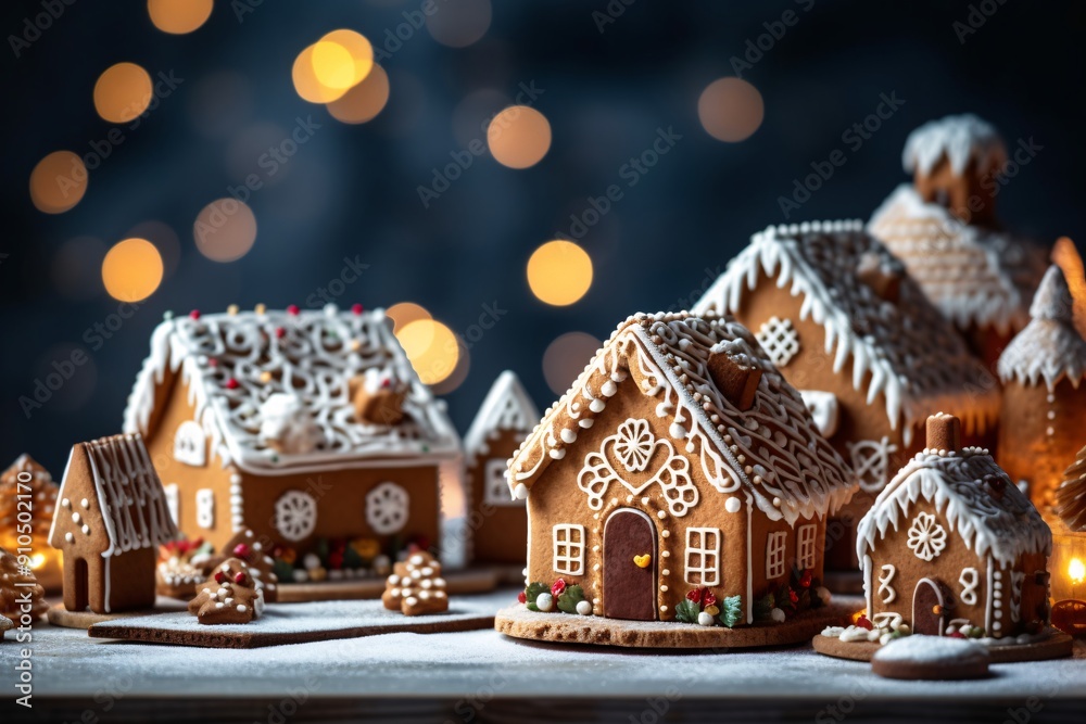 Christmas gingerbread houses on wooden table with bokeh background.. Pastries in the form of houses. Festive scene with holiday pastries. Christmas and New Year background.
Christmas gingerbread houses on wooden table with bokeh background.. Pastries in the form of houses. Festive scene with holiday pastries. Christmas and New Year background.