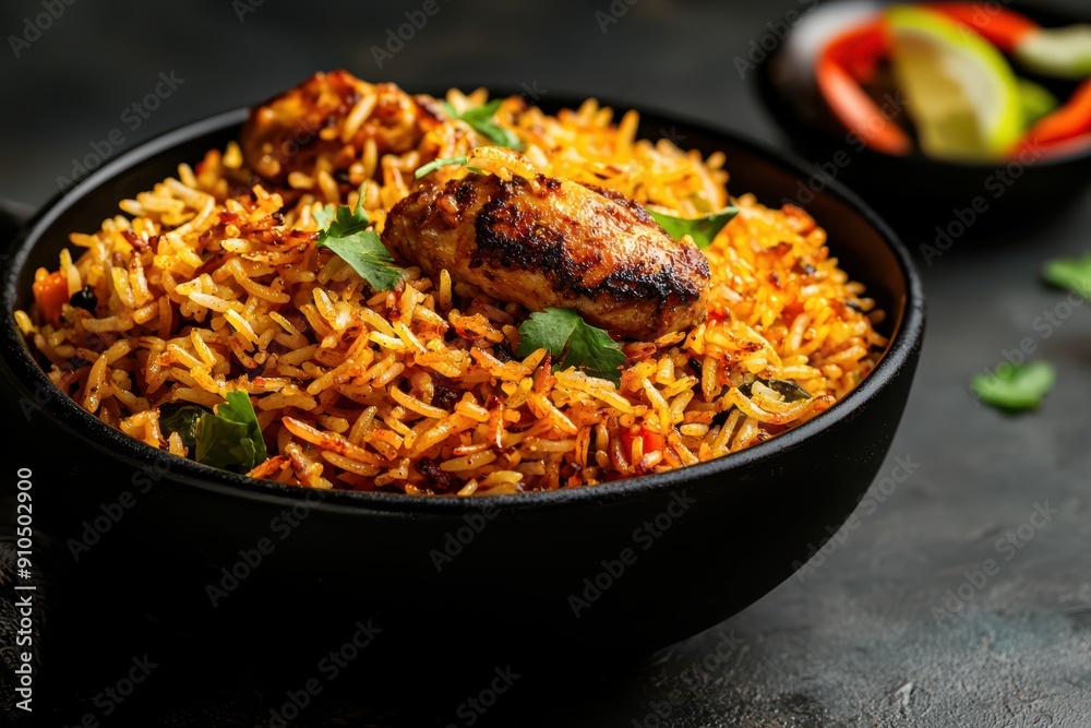 A black bowl of delicious chicken biryani, served with vegetable side dishes for dinner.
A black bowl of delicious chicken biryani, served with vegetable side dishes for dinner.
