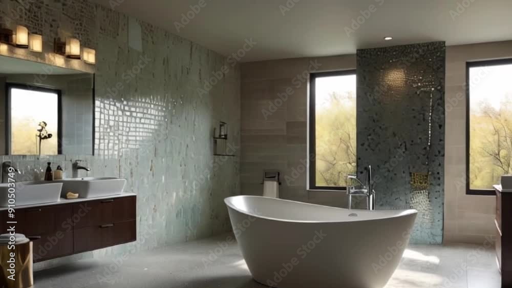 luxury bathroom featuring dual vanities against a backdrop of mosaic tiles in light hues. Show the sunbeam streaming through a frosted window, reflecting off a large, freestanding tub luxury bathroom featuring dual vanities against a backdrop of mosaic tiles in light hues. Show the sunbeam streaming through a frosted window, reflecting off a large, freestanding tub