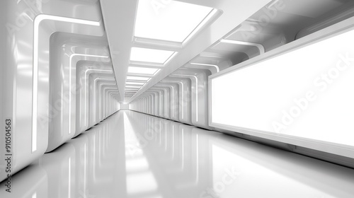   A long corridor with many windows along its walls and a light at the end