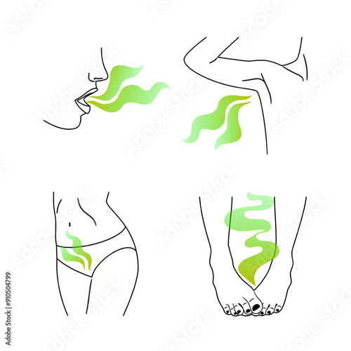 Collection of stinking odors of sweat and unwashed body. Stinky breath, feet, panties, armpit