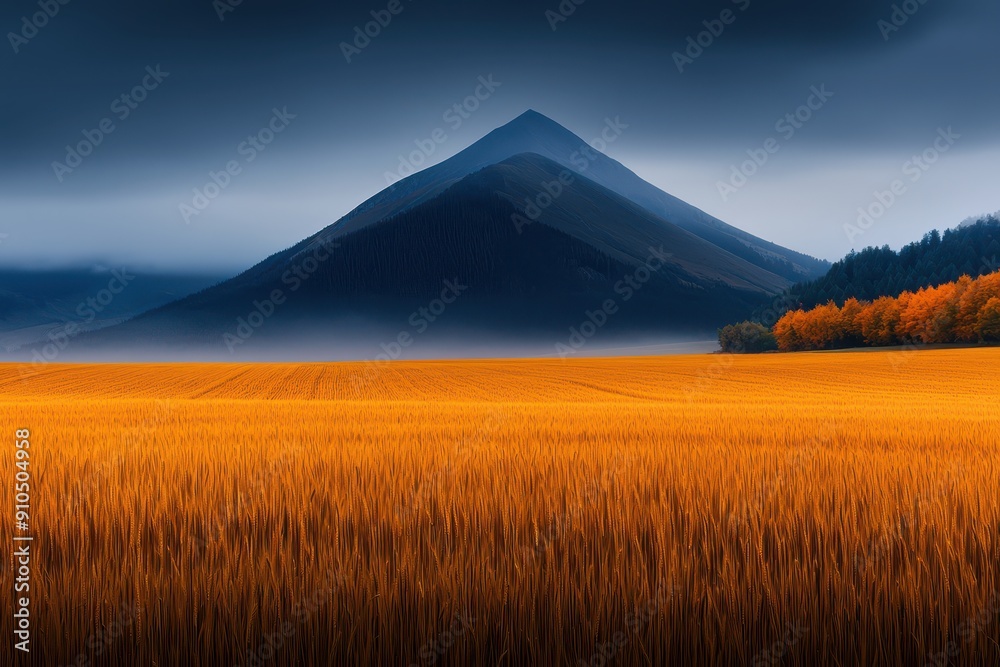 Obraz premium Crystal-clear natural scenery of abundant wheat fields in autumn, showcasing golden hues and a bountiful harvest.