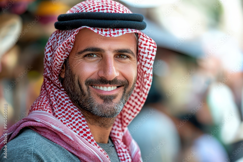 A smiling man wearing a traditional keffiyeh and agal, standing outdoors.
A smiling man wearing a traditional keffiyeh and agal, standing outdoors.