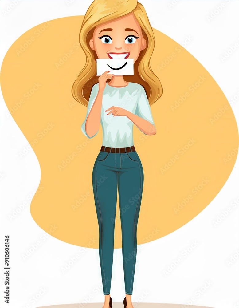 Young happy female writing smile on paper and placing on her mouth. Concept of smiling, happiness, lifestyle, mental health, mental wellbeing. Comic book theme vector illustration cartoon character Young happy female writing smile on paper and placing on her mouth. Concept of smiling, happiness, lifestyle, mental health, mental wellbeing. Comic book theme vector illustration cartoon character